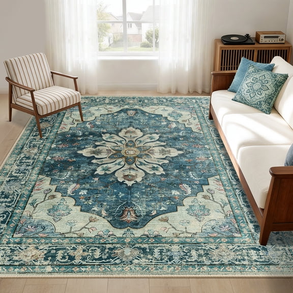 KoshiMe Washable Area Rug 5'x7', Non-Slip Soft Vintage Distress Floral Rugs for Living Room, Stain Resistant Low Pile Medallion Carpet for Dining Room Office, Dark Blue