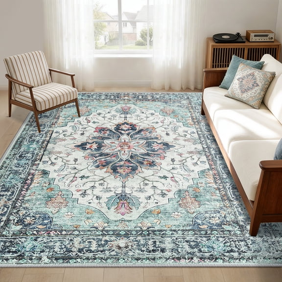 KoshiMe 5x7 Washable Rug Floral Vintage, Navy Blue White Teal Colorful