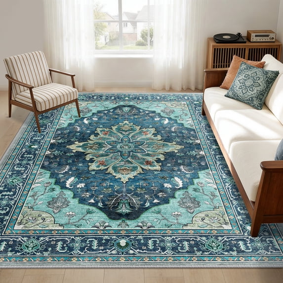 KoshiMe Washable Area Rug 5'x7', Non-Slip Soft Vintage Distress Floral Rugs for Living Room, Stain Resistant Low Pile Medallion Carpet for Dining Room Office, Teal Green