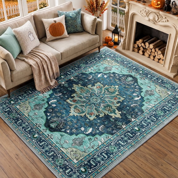 KoshiMe Washable Area Rug 5'x7', Non-Slip Soft Vintage Distress Floral Rugs for Living Room, Stain Resistant Low Pile Medallion Carpet for Dining Room Office, Teal Green