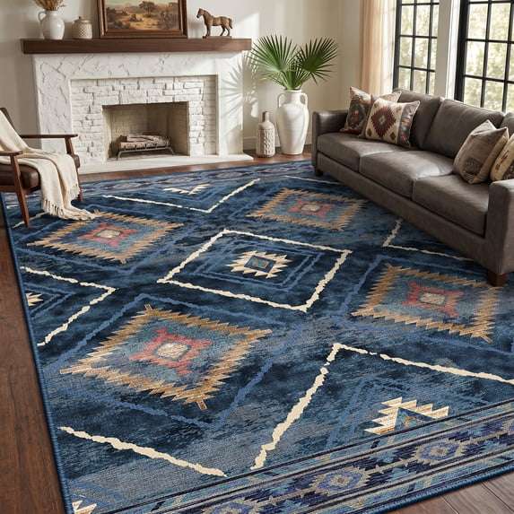 KoshiMe 6'x9' Area Rugs for Living Room, Machine Washable Rugs Non-Slip, Low Pile Soft Print Pattern Western Rug for Bedroom, Dining Room, Office, Dark Blue