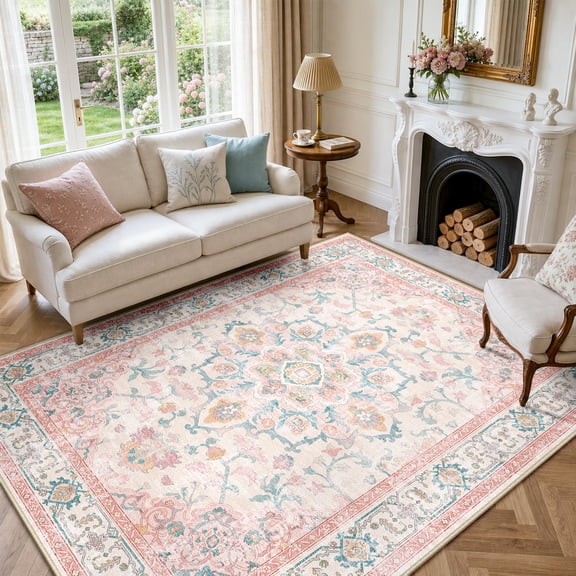 Pink Rug Room Tulip Large Area Rugs 5x8ft Rustic Vintage Pink Yellow Floral Leaf ...