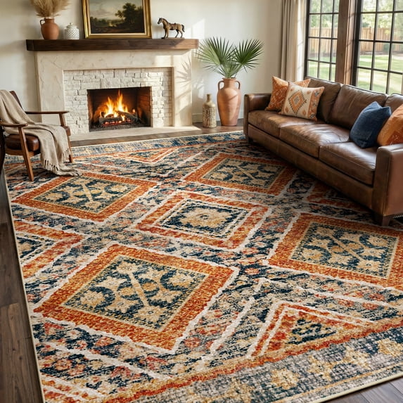 KoshiMe 6'x9' Area Rugs for Living Room, Machine Washable Rugs Non-Slip, Low Pile Soft Print Pattern Western Rug for Bedroom, Dining Room, Office, Orange
