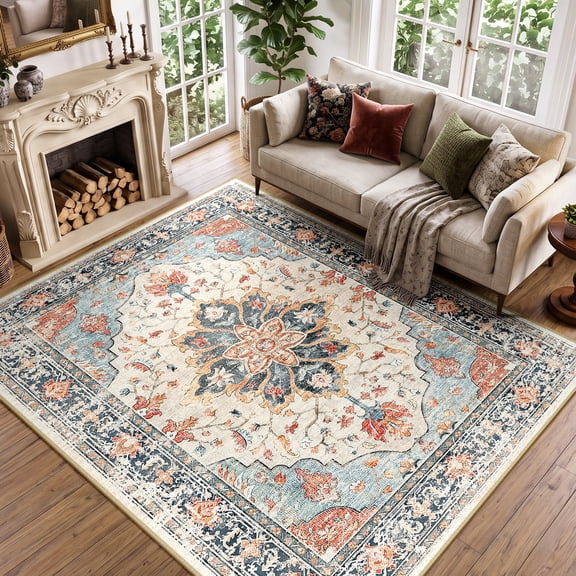 KoshiMe Washable Area Rug 6'x9', Non-Slip Soft Vintage Distress Floral Rugs for Living Room, Stain Resistant Low Pile Medallion Carpet for Dining Room Office, Beige Blue Orange Colorful
