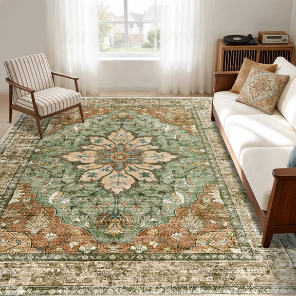 KoshiMe Washable Area Rug 6'x9', Non-Slip Soft Vintage Distress Floral Rugs for Living Room, Stain Resistant Low Pile Medallion Carpet for Dining Room Office, Brick Red Green