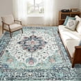 thumbnail image 1 of KoshiMe Washable Area Rug 6'x9', Non-Slip Soft Vintage Distress Floral Rugs for Living Room, Stain Resistant Low Pile Medallion Carpet for Dining Room Office, Navy Blue White Teal Colorful, 1 of 9
