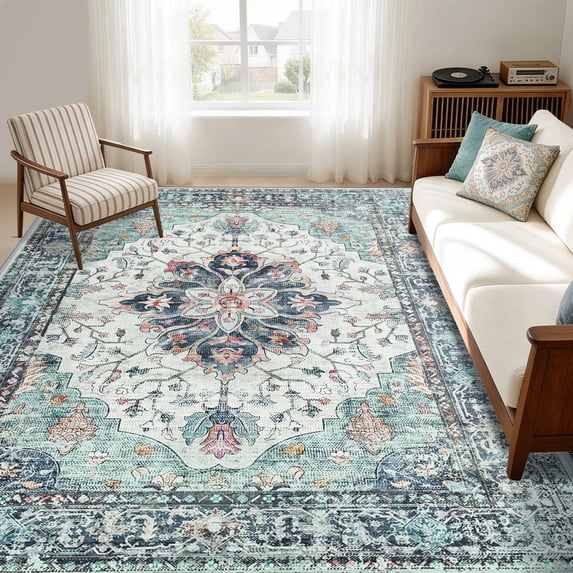 KoshiMe Washable Area Rug 6'x9', Non-Slip Soft Vintage Distress Floral Rugs for Living Room, Stain Resistant Low Pile Medallion Carpet for Dining Room Office, Navy Blue White Teal Colorful
