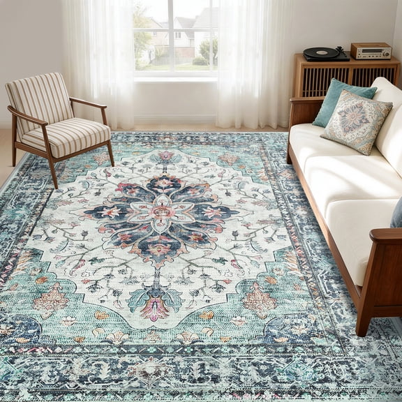 KoshiMe 6x9 Washable Rug Floral Vintage, Navy Blue White Teal Colorful