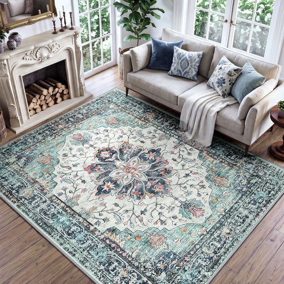 KoshiMe Washable Area Rug 6'x9', Non-Slip Soft Vintage Distress Floral Rugs for Living Room, Stain Resistant Low Pile Medallion Carpet for Dining Room Office, Navy Blue White Teal Colorful