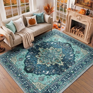 KoshiMe Washable Area Rug 6'x9', Non-Slip Soft Vintage Distress Floral Rugs for Living Room, Stain Resistant Low Pile Medallion Carpet for Dining Room Office, Teal Green