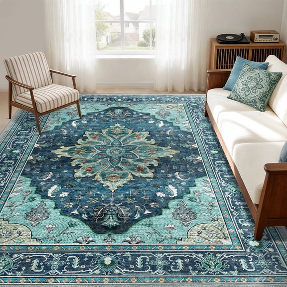 KoshiMe Washable Area Rug 6'x9', Non-Slip Soft Vintage Distress Floral Rugs for Living Room, Stain Resistant Low Pile Medallion Carpet for Dining Room Office, Teal Green