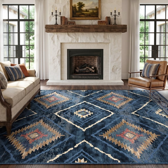 KoshiMe 8'x10' Area Rugs for Living Room, Machine Washable Rugs Non-Slip, Low Pile Soft Print Pattern Western Rug for Bedroom, Dining Room, Office, Dark Blue