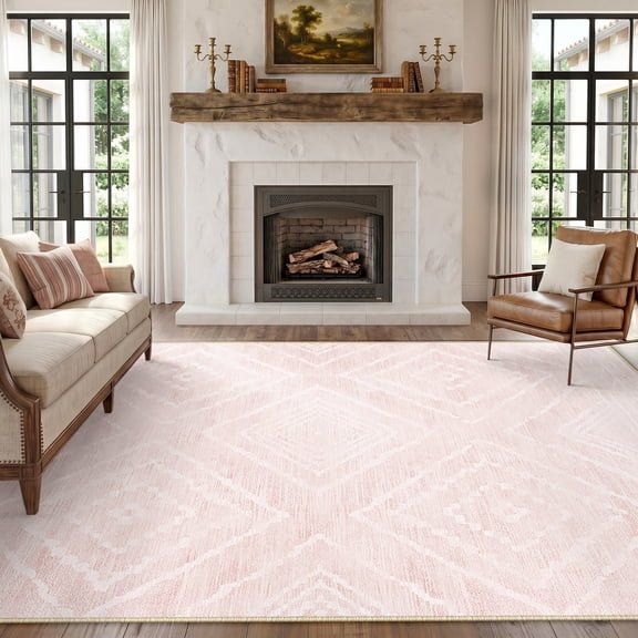 KoshiMe 8'x10' Area Rugs for Living Room, Machine Washable Rugs Non-Slip, Low Pile Soft Print Pattern Western Rug for Bedroom, Dining Room, Office, Light Pink