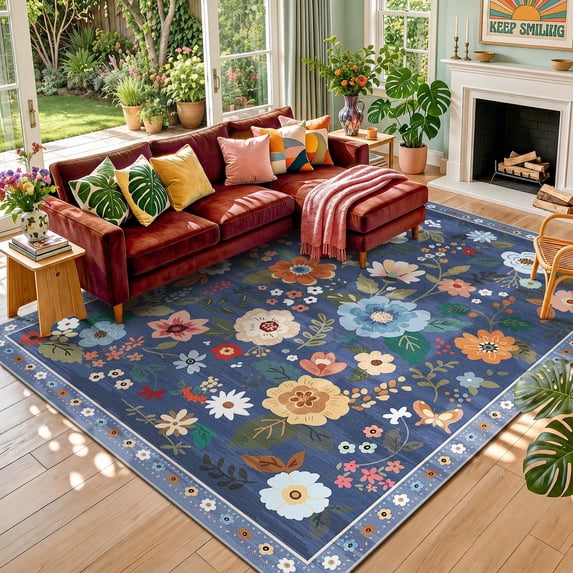 KoshiMe 8'x10' Floral Area Rug, Machine Washable Non-Slip Soft Low Pile Stain-Resistant Boho Flower Indoor Rug for Living Room Bedroom Dining Room, Gray Blue
