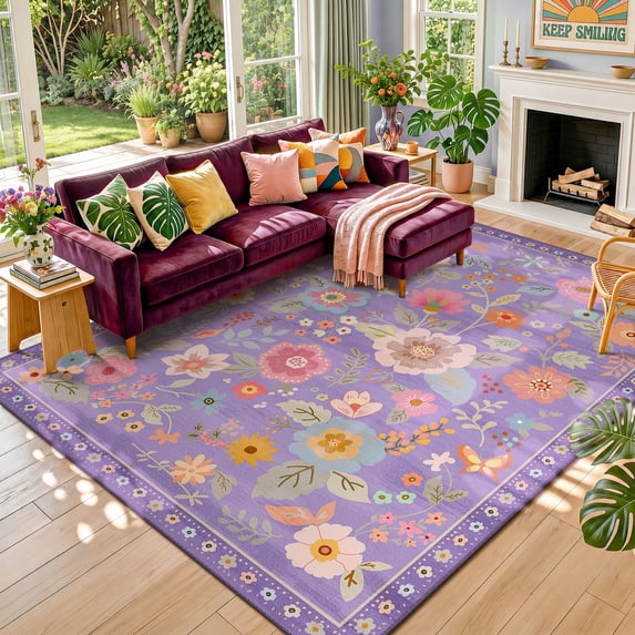 KoshiMe 8'x10' Floral Area Rug, Machine Washable Non-Slip Soft Low Pile Stain-Resistant Boho Flower Indoor Rug for Living Room Bedroom Dining Room, Purple Pink