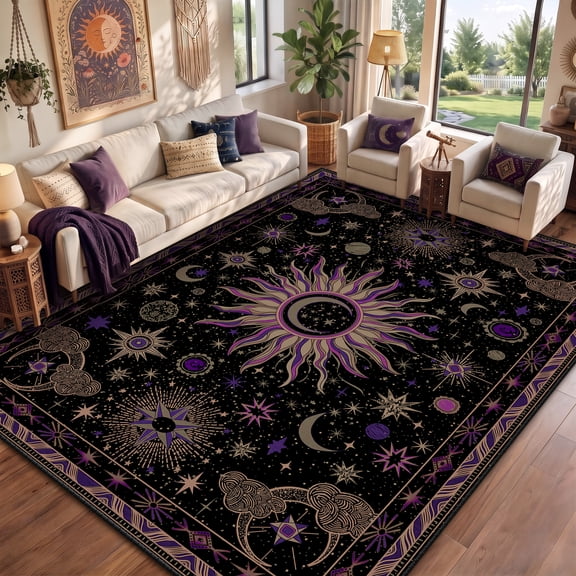 KoshiMe 8'x10' Washable Area Rug, Non-Slip Low Pile Vintage Boho Celestial Sun and Moon Rug for Living Room, Bedroom, Playroom, Kitchen, Black Purple