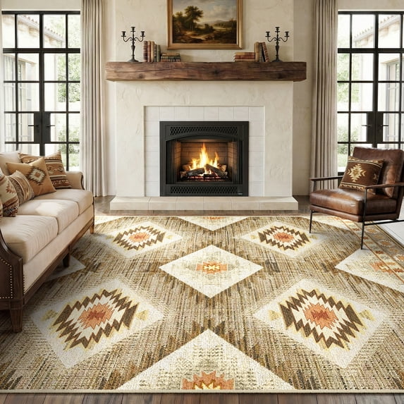 KoshiMe 8'x10' Area Rugs for Living Room, Machine Washable Rugs Non-Slip, Low Pile Soft Print Pattern Western Rug for Bedroom, Dining Room, Office, Camel