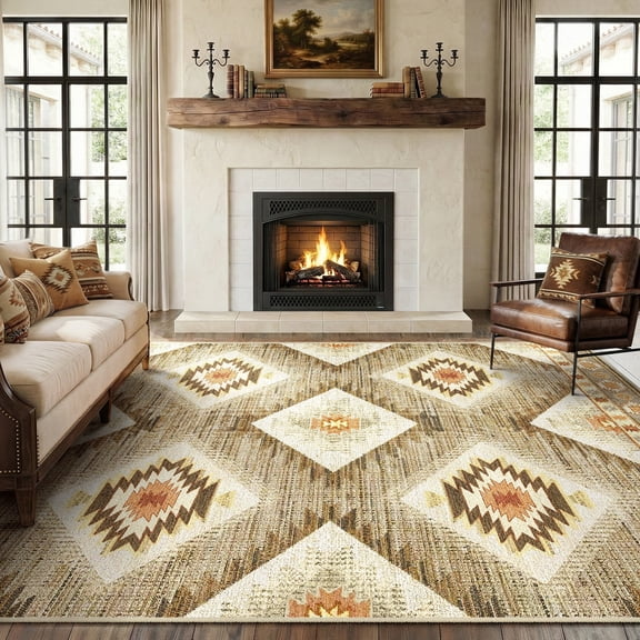 KoshiMe 8'x10' Area Rugs for Living Room, Machine Washable Rugs Non-Slip, Low Pile Soft Print Pattern Western Rug for Bedroom, Dining Room, Office, Camel