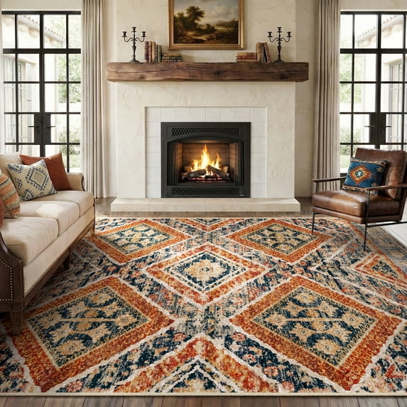 KoshiMe 8'x10' Area Rugs for Living Room, Machine Washable Rugs Non-Slip, Low Pile Soft Print Pattern Western Rug for Bedroom, Dining Room, Office, Orange