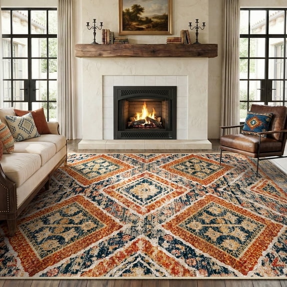 KoshiMe 8'x10' Area Rugs for Living Room, Machine Washable Rugs Non-Slip, Low Pile Soft Print Pattern Western Rug for Bedroom, Dining Room, Office, Orange