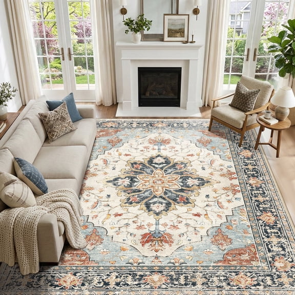 KoshiMe Washable Area Rug 8'x10', Non-Slip Soft Vintage Distress Floral Rugs for Living Room, Stain Resistant Low Pile Medallion Carpet for Dining Room Office, Beige Blue Orange Colorful