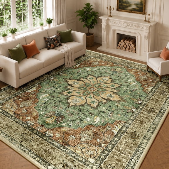 KoshiMe Washable Area Rug 8'x10', Non-Slip Soft Vintage Distress Floral Rugs for Living Room, Stain Resistant Low Pile Medallion Carpet for Dining Room Office, Brick Red Green