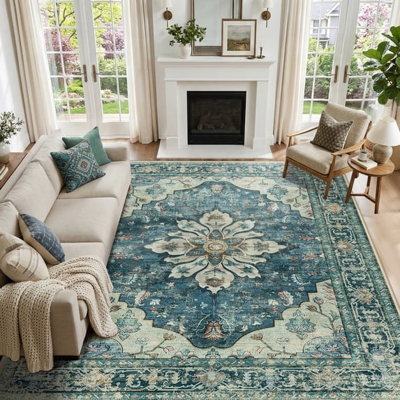 KoshiMe Washable Area Rug 8'x10', Non-Slip Soft Vintage Distress Floral Rugs for Living Room, Stain Resistant Low Pile Medallion Carpet for Dining Room Office, Dark Blue