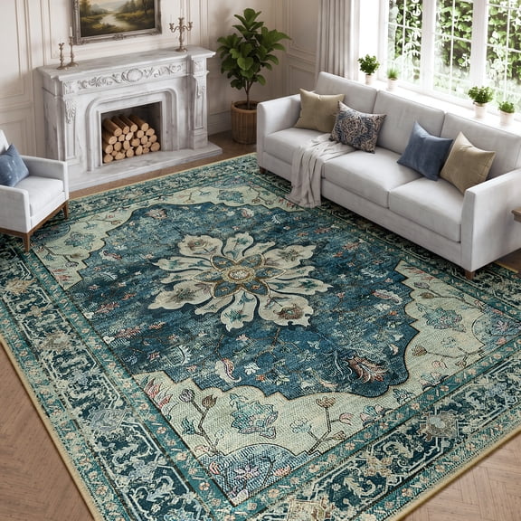 KoshiMe Washable Area Rug 8'x10', Non-Slip Soft Vintage Distress Floral Rugs for Living Room, Stain Resistant Low Pile Medallion Carpet for Dining Room Office, Dark Blue