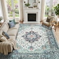 thumbnail image 1 of KoshiMe Washable Area Rug 8'x10', Non-Slip Soft Vintage Distress Floral Rugs for Living Room, Stain Resistant Low Pile Medallion Carpet for Dining Room Office, Navy Blue White Teal Colorful, 1 of 9