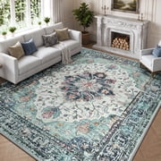 KoshiMe Washable Area Rug 8'x10', Non-Slip Soft Vintage Distress Floral Rugs for Living Room, Stain Resistant Low Pile Medallion Carpet for Dining Room Office, 