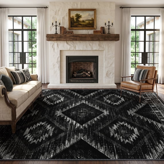 KoshiMe 9'x12' Area Rugs for Living Room, Machine Washable Rugs Non-Slip, Low Pile Soft Print Pattern Western Rug for Bedroom, Dining Room, Office, Black