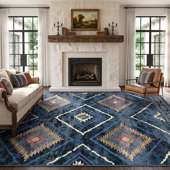 KoshiMe 9'x12' Area Rugs for Living Room, Machine Washable Rugs Non-Slip, Low Pile Soft Print Pattern Western Rug for Bedroom, Dining Room, Office, Dark Blue
