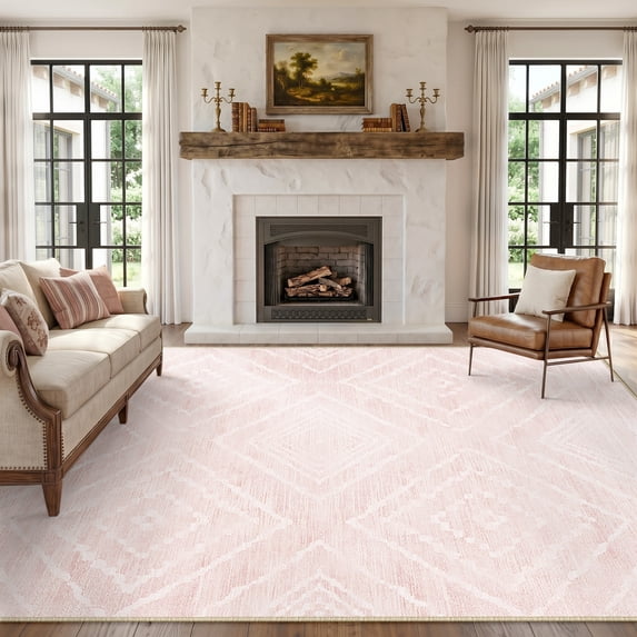 KoshiMe 9'x12' Area Rugs for Living Room, Machine Washable Rugs Non-Slip, Low Pile Soft Print Pattern Western Rug for Bedroom, Dining Room, Office, Light Pink