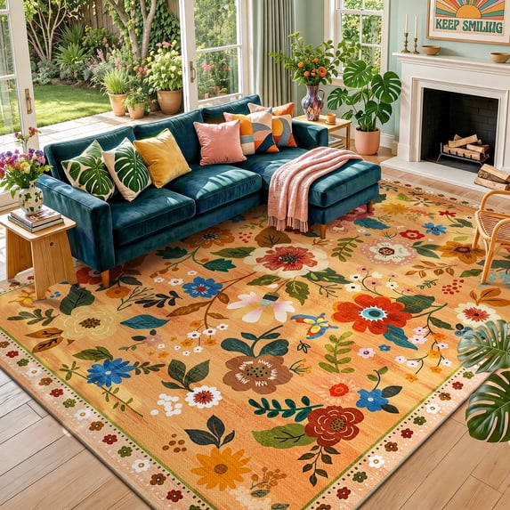 KoshiMe 9'x12' Floral Area Rug, Machine Washable Non-Slip Soft Low Pile Stain-Resistant Boho Flower Indoor Rug for Living Room Bedroom Dining Room, Yellow Orange