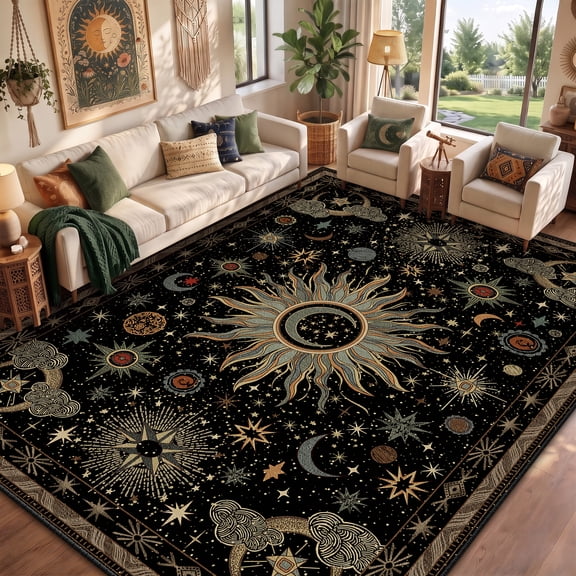 KoshiMe 9'x12' Washable Area Rug, Non-Slip Low Pile Vintage Boho Celestial Sun and Moon Rug for Living Room, Bedroom, Playroom, Kitchen, Black Green