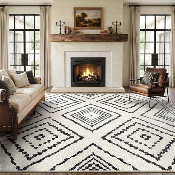 KoshiMe 9'x12' Area Rugs for Living Room, Machine Washable Rugs Non-Slip, Low Pile Soft Print Pattern Western Rug for Bedroom, Dining Room, Office, Black White