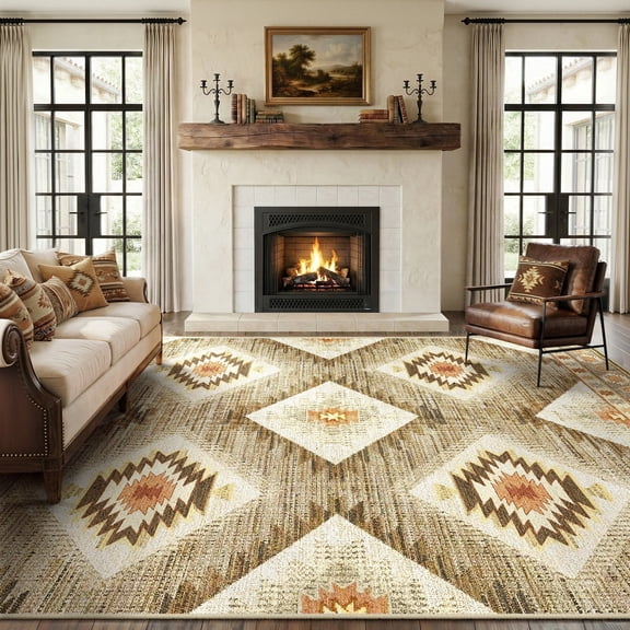 KoshiMe 9'x12' Area Rugs for Living Room, Machine Washable Rugs Non-Slip, Low Pile Soft Print Pattern Western Rug for Bedroom, Dining Room, Office, Camel