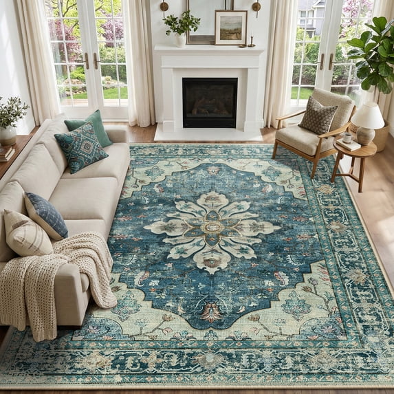 KoshiMe Washable Area Rug 9'x12', Non-Slip Soft Vintage Distress Floral Rugs for Living Room, Stain Resistant Low Pile Medallion Carpet for Dining Room Office, Dark Blue