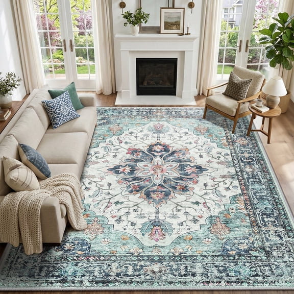 KoshiMe Washable Area Rug 9'x12', Non-Slip Soft Vintage Distress Floral Rugs for Living Room, Stain Resistant Low Pile Medallion Carpet for Dining Room Office, Navy Blue White Teal Colorful
