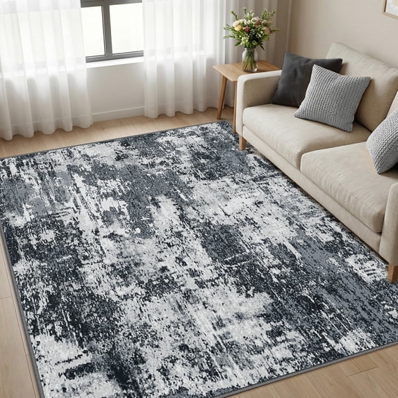 KoshiMe Area Rug 5'x7', Washable Non-Slip Modern Neutral Abstract Rugs for Living Room, Soft Stain Resistant Low Pile Carpet for Dining Room Office, Black