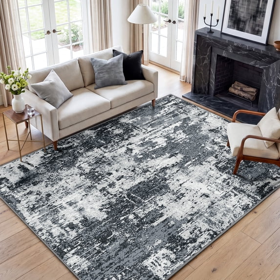 KoshiMe Area Rug 5'x7', Washable Non-Slip Modern Neutral Abstract Rugs for Living Room, Soft Stain Resistant Low Pile Carpet for Dining Room Office, Black