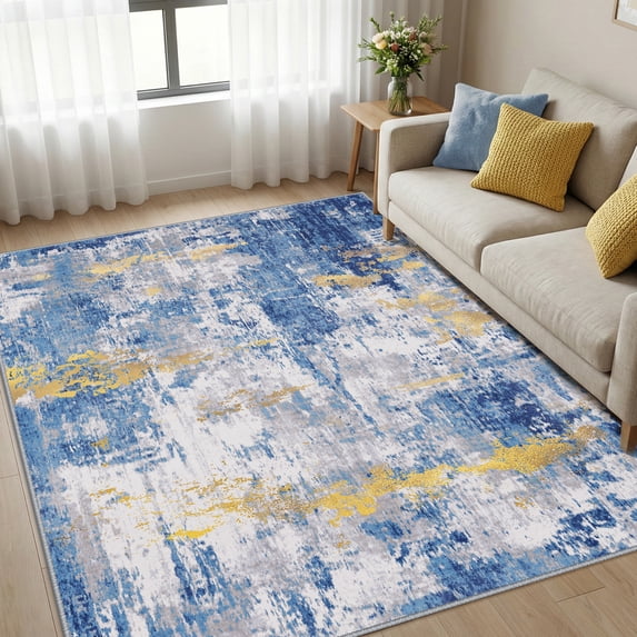 KoshiMe Area Rug 5'x7', Washable Non-Slip Modern Neutral Abstract Rugs for Living Room, Soft Stain Resistant Low Pile Carpet for Dining Room Office, Blue Gold