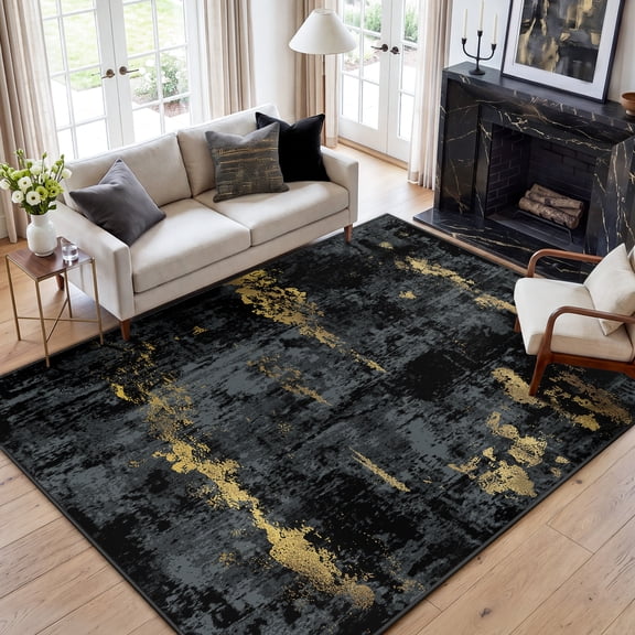 KoshiMe Area Rug 5'x7', Washable Non-Slip Modern Neutral Abstract Rugs for Living Room, Soft Stain Resistant Low Pile Carpet for Dining Room Office, Dark Black Gold
