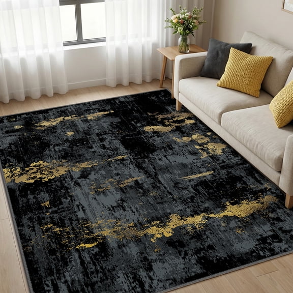 KoshiMe Area Rug 5'x7', Washable Non-Slip Modern Neutral Abstract Rugs for Living Room, Soft Stain Resistant Low Pile Carpet for Dining Room Office, Dark Black Gold
