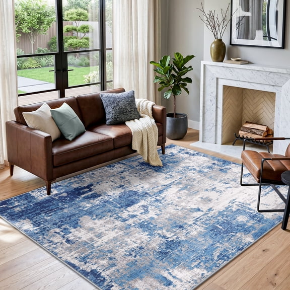 KoshiMe Area Rug 5'x7', Washable Non-Slip Modern Neutral Abstract Rugs for Living Room, Soft Stain Resistant Low Pile Carpet for Dining Room Office, Grey Blue