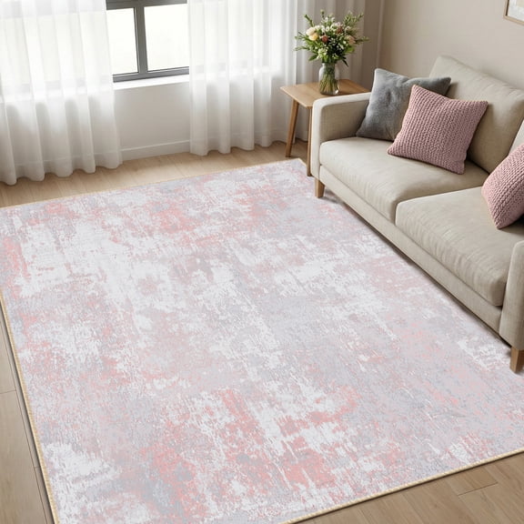 KoshiMe Area Rug 5'x7', Washable Non-Slip Modern Neutral Abstract Rugs for Living Room, Soft Stain Resistant Low Pile Carpet for Dining Room Office, Grey Pink