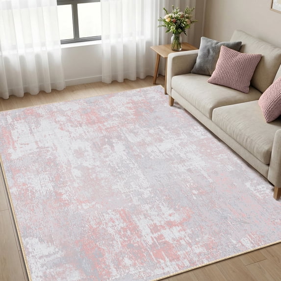 KoshiMe Area Rug 5'x7', Washable Non-Slip Modern Neutral Abstract Rugs for Living Room, Soft Stain Resistant Low Pile Carpet for Dining Room Office, Grey Pink