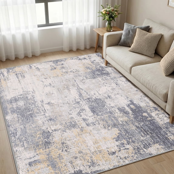 KoshiMe Area Rug 5'x7', Washable Non-Slip Modern Neutral Abstract Rugs for Living Room, Soft Stain Resistant Low Pile Carpet for Dining Room Office, Grey Yellow