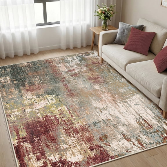 KoshiMe Area Rug 5'x7', Washable Non-Slip Modern Neutral Abstract Rugs for Living Room, Soft Stain Resistant Low Pile Carpet for Dining Room Office, Red Brown