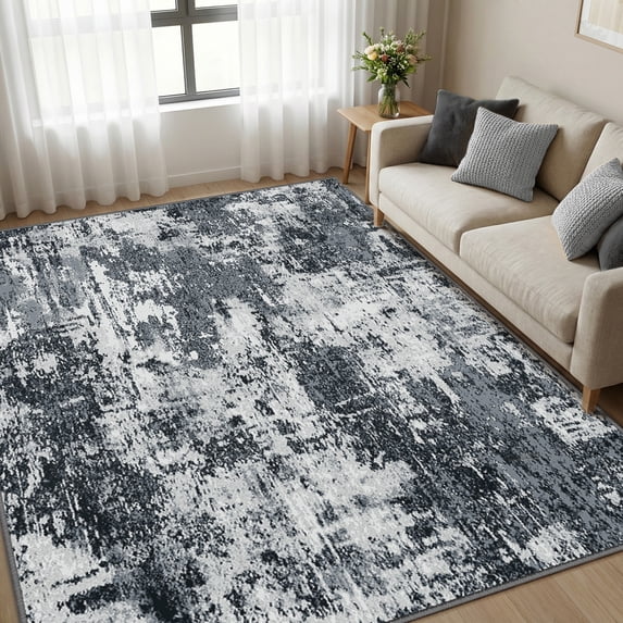 KoshiMe Area Rug 6'x9', Washable Non-Slip Modern Neutral Abstract Rugs for Living Room, Soft Stain Resistant Low Pile Carpet for Dining Room Office, Black